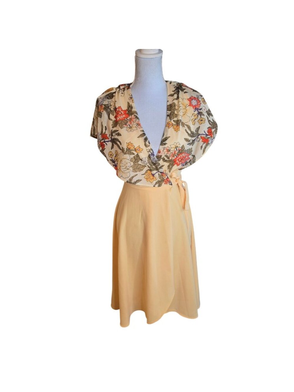 Vintage 70s Yellow Floral Puff Sleeve Dress Cottagecore Prairie Coquette Sz 7 S